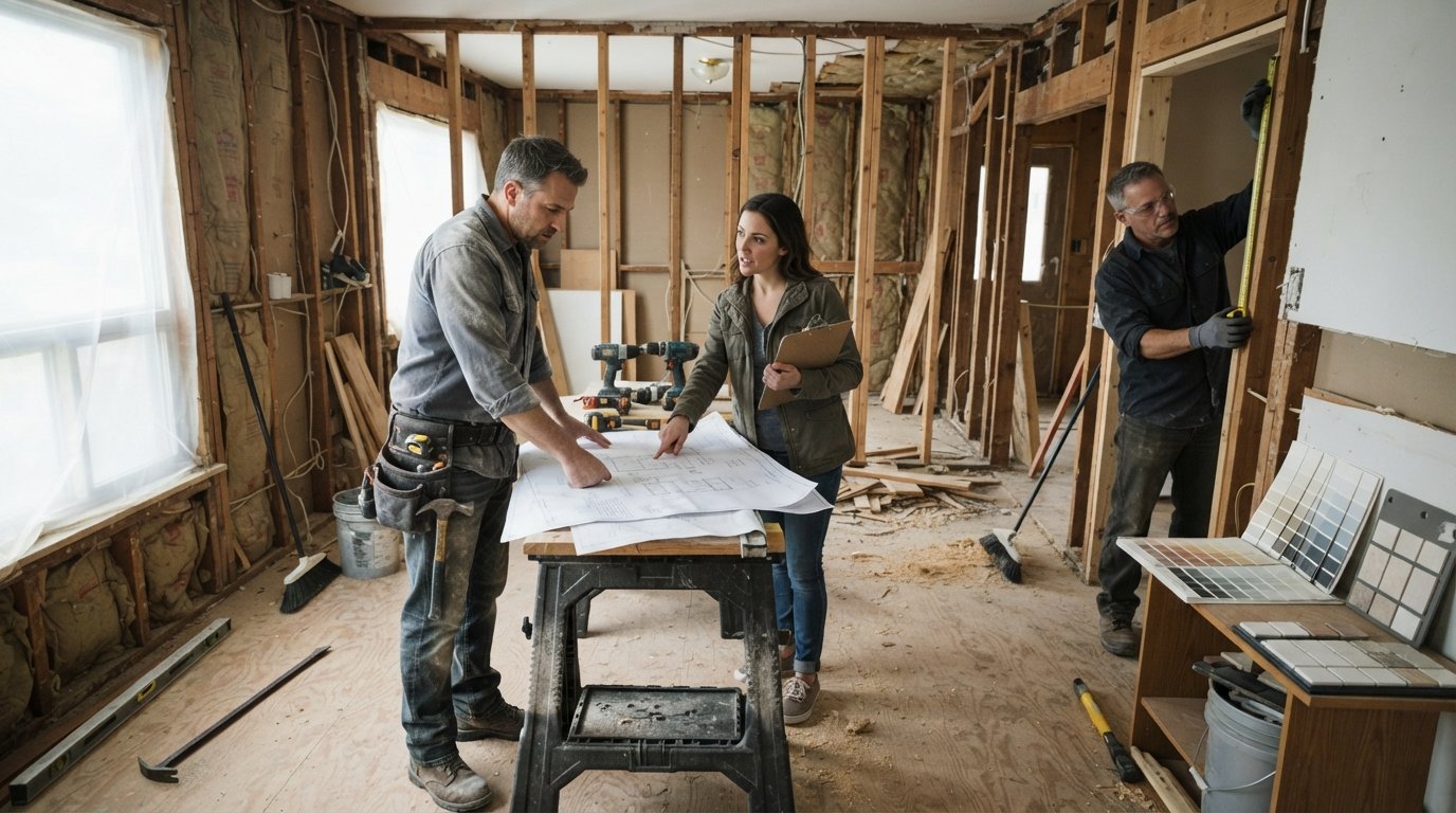 Contractor and homeowner review blueprints on a sawhorse table in a mid-renovation room with exposed studs and…