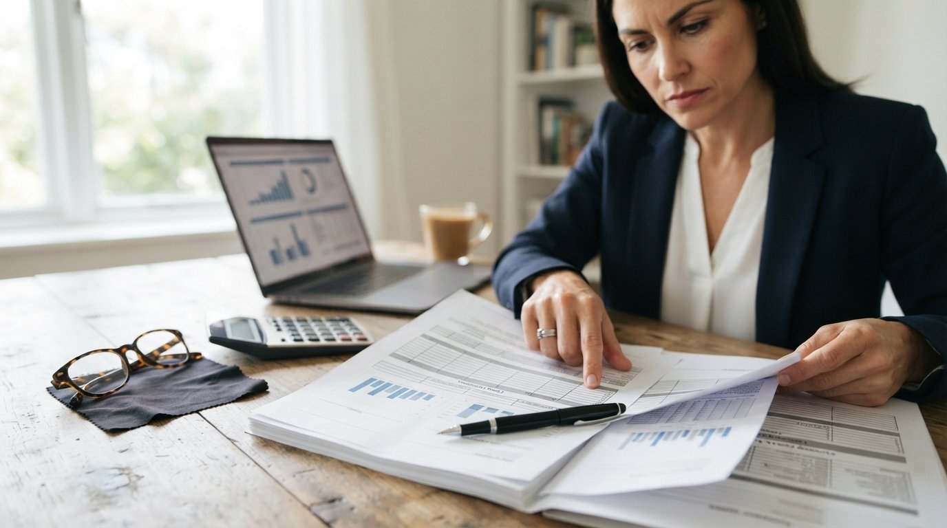 Mortgage loan agreement with closing cost chart, black pen on signature line, calculator, reading glasses, and a woman in a…