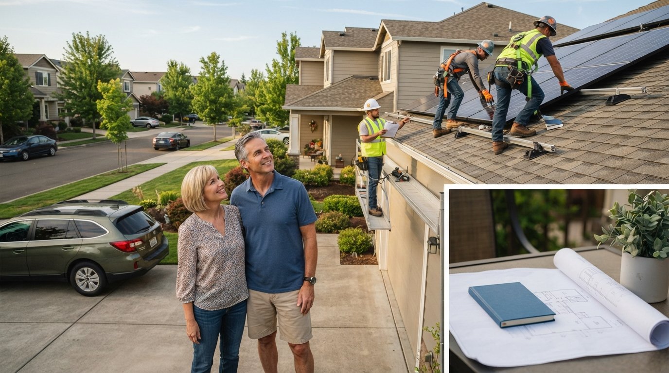 Couple on driveway watching workers install solar panels on their roof while one holds a permit clipboard