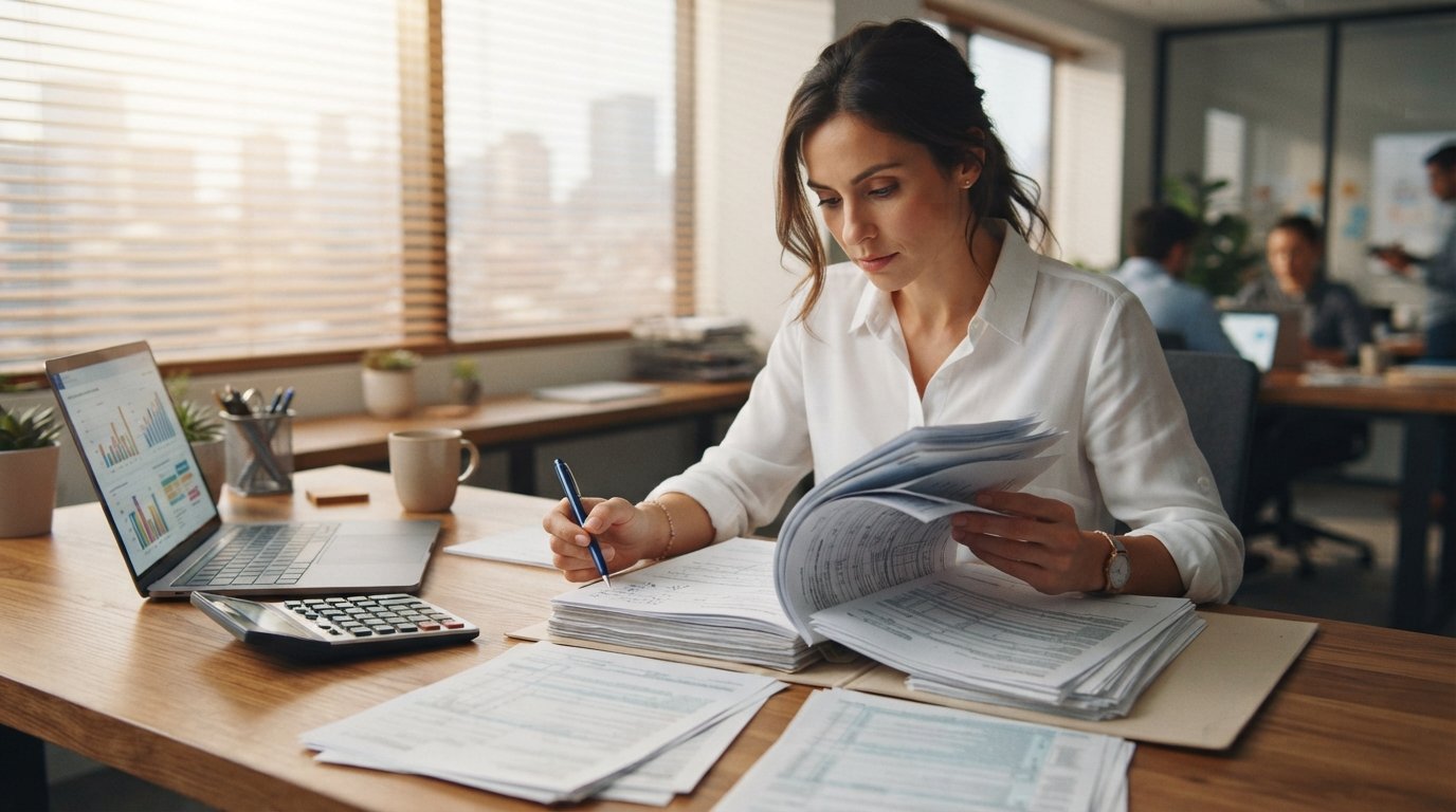 Underwriter in a business shirt reviews a mortgage file at a wooden desk with bank statements, pay stubs, a contract,…