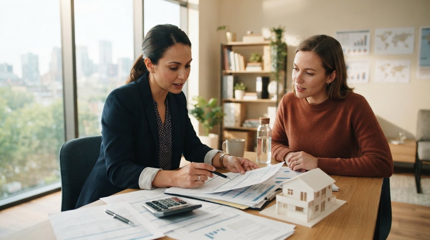Mortgage advisor at a desk with loan documents, calculator, pen, and a small house model, meeting with a client in a sunlit…