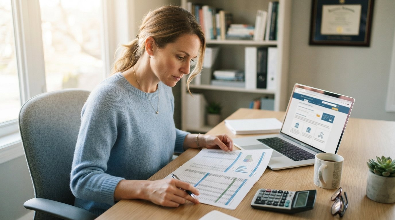 Woman in her 30s at a home desk reviewing a printed tuition cost spreadsheet beside a laptop showing a financial aid webpage