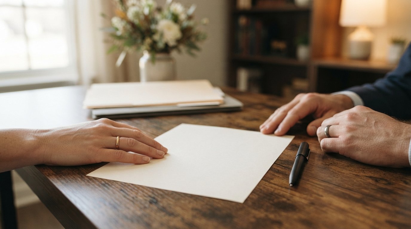Two hands, one with a gold engagement ring, rest beside a blank document and black pen on a wooden desk in a warmly lit…