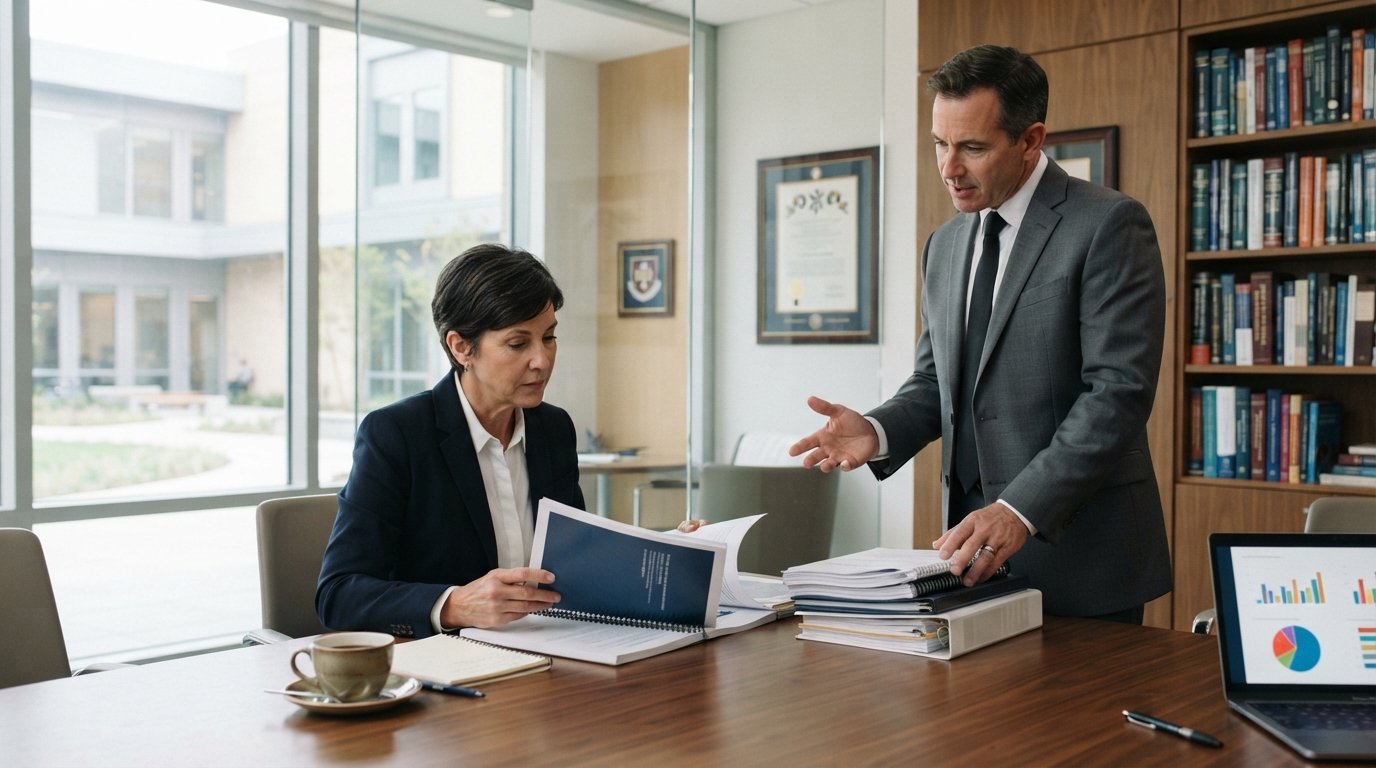 Reviewer in navy blazer studies a printed program report at a wood table while a dean gestures toward curriculum binders,…