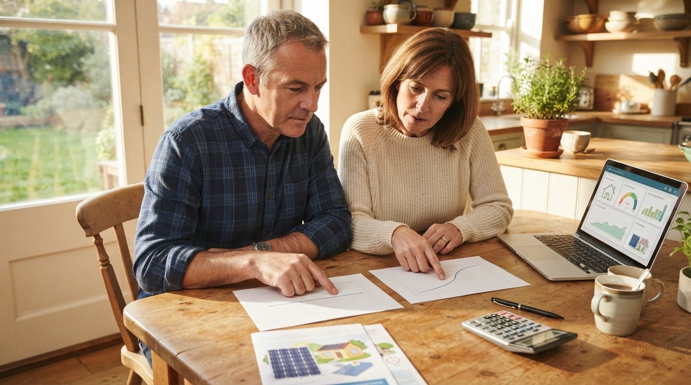 Couple at a kitchen table reviewing two loan documents, one with a flat line and one with a rising curve, beside a…