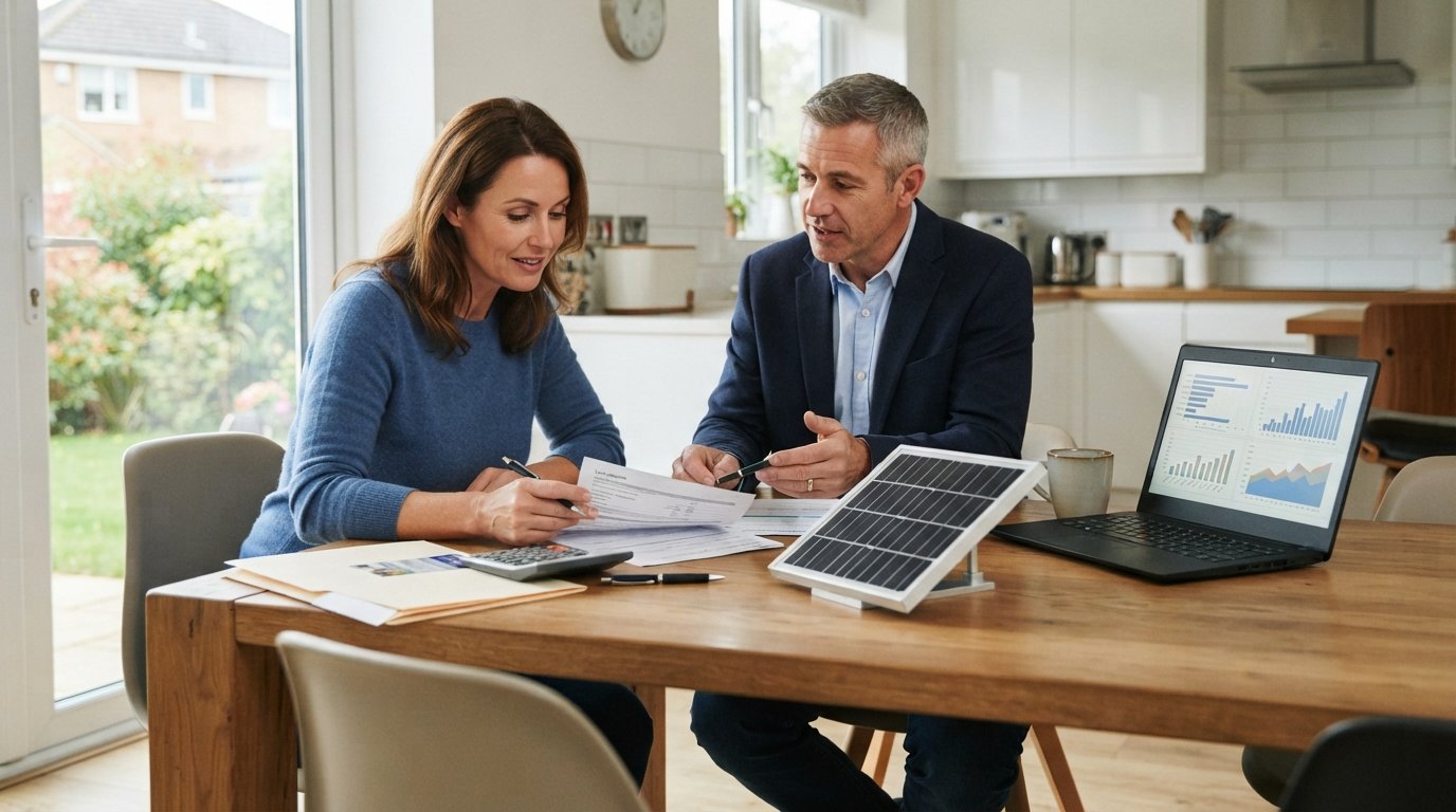 Homeowner and financial advisor at a kitchen table comparing loan paperwork beside a laptop with charts and a small solar…