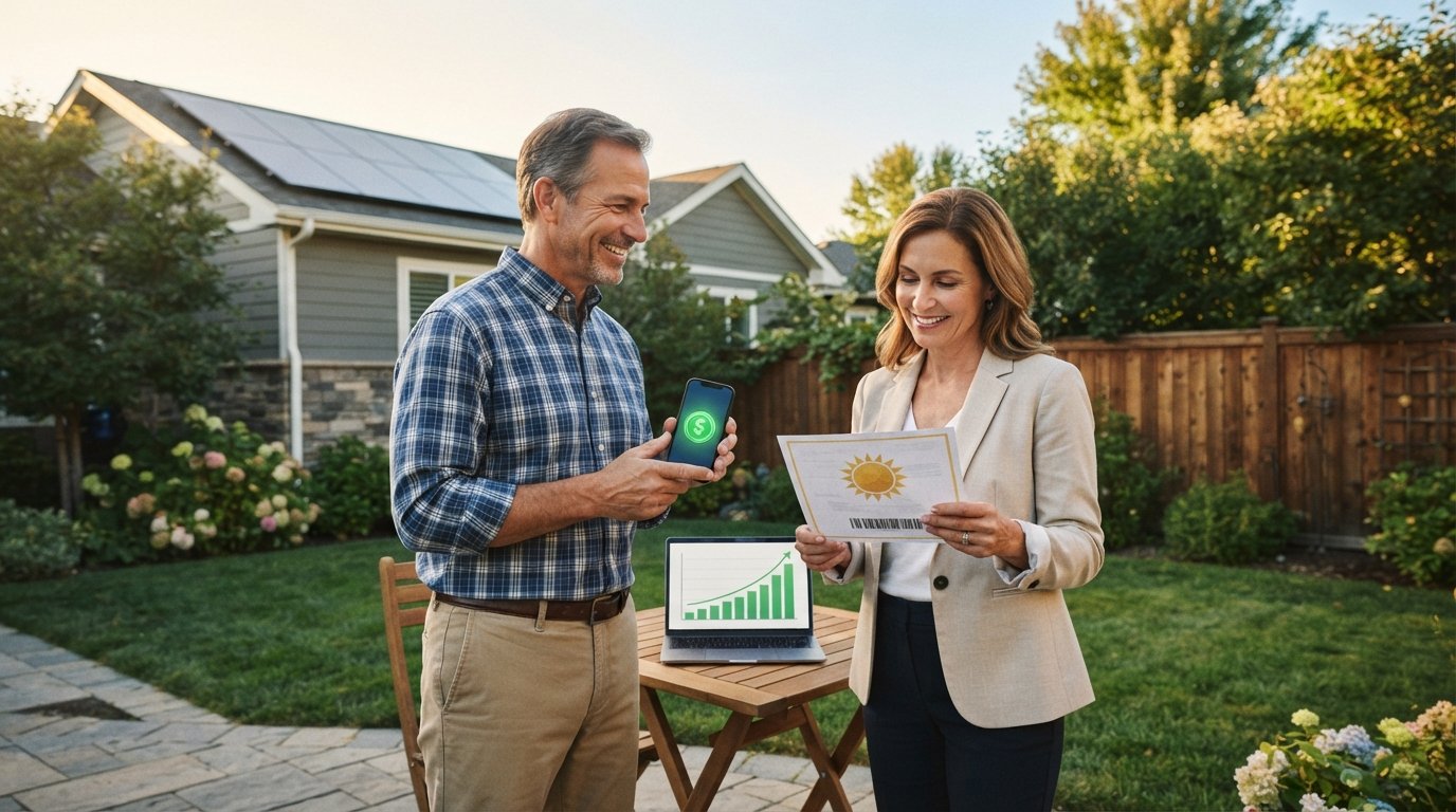 Man and woman standing in a sunlit backyard next to solar panels, reviewing a certificate and smartphone showing a green…