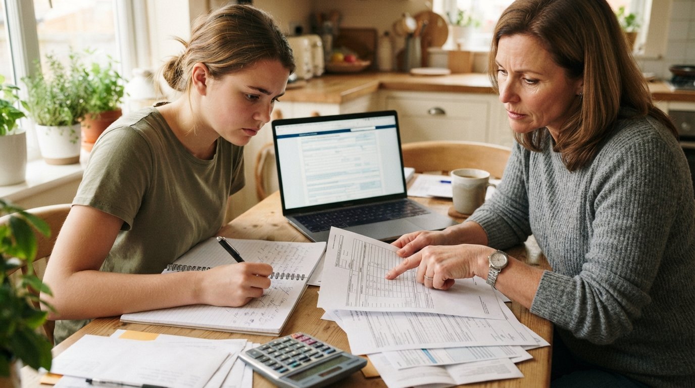 Parent points at a financial aid letter while a college student takes notes beside a laptop and calculator at a kitchen…