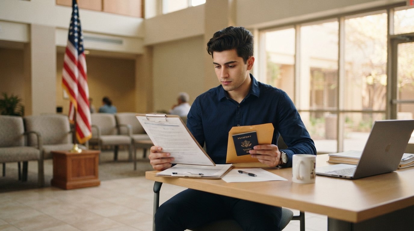 Young adult in a button-down shirt sits at a desk in an embassy waiting area, holding a passport and sealed manila envelope…