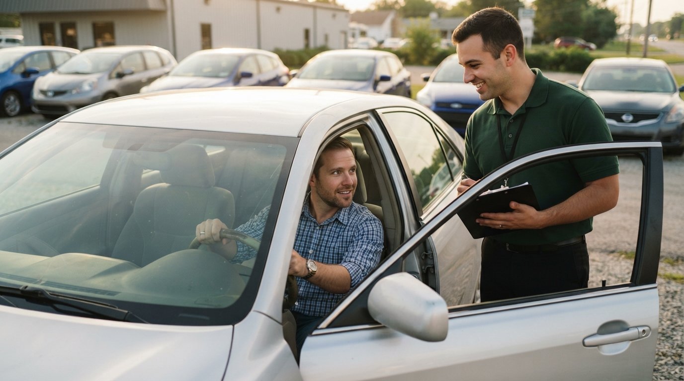 Man in a button-down shirt gripping the steering wheel of a used sedan while a salesperson with a clipboard stands beside…
