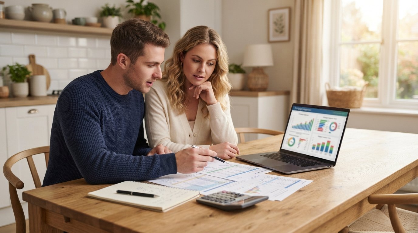 Couple reviewing a mortgage loan estimate at a kitchen table with a laptop showing loan comparison charts, calculator, pen,…