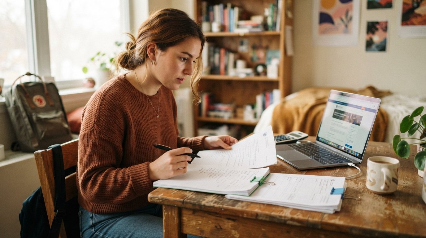 College student in a sweater reviews financial aid paperwork at a sunlit desk, comparing two stacks of documents marked…