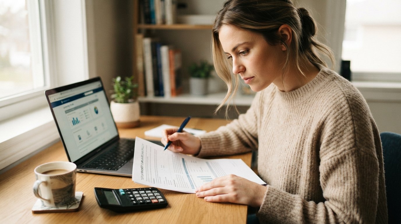 Student in a sweater reviewing a tuition payment plan document with a pen at a wooden desk, laptop and calculator nearby