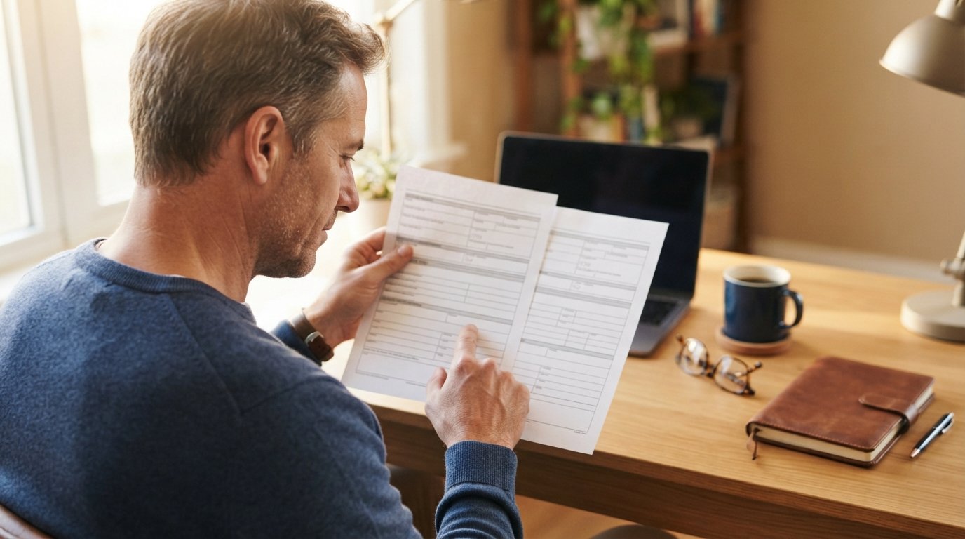 Person in navy sweater holding a printed insurance declarations page and pointing to a line, with reading glasses, coffee…