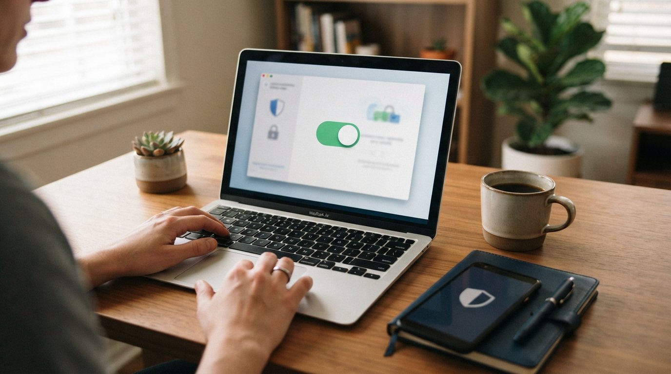 Hands using a laptop showing a privacy settings page with a toggle switch, a padlock icon nearby, and a smartphone with a…