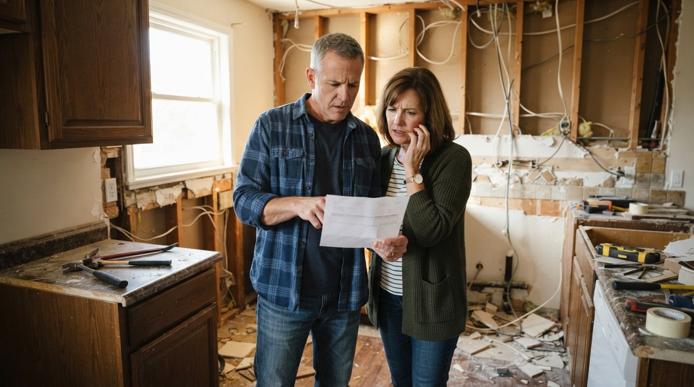 Couple in casual clothes reviewing a contractor's paper estimate in a demolished kitchen with exposed studs, hanging…