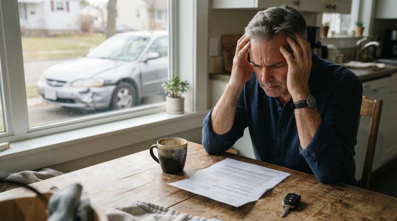 Worried middle-aged man in a collared shirt sits at a wooden kitchen table reading an insurance denial letter next to a car…