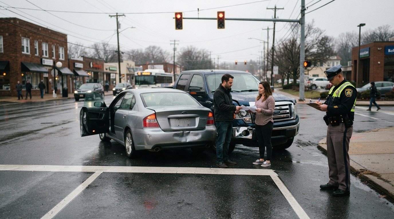 Silver sedan with dented rear bumper and dark blue pickup truck with front-end damage stopped at a red light; two drivers…