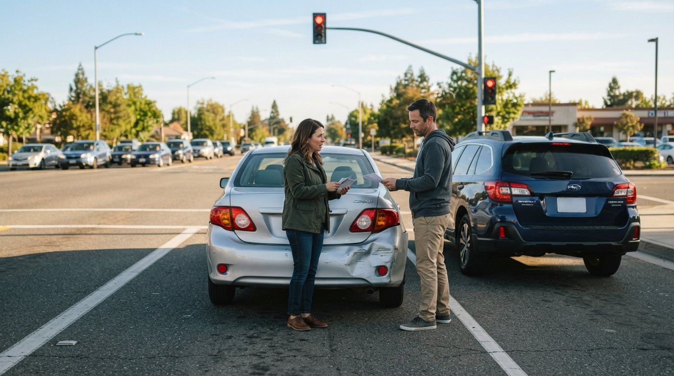 Two drivers exchange documents beside a silver sedan with a dented rear bumper and a dark blue SUV stopped behind it at a…