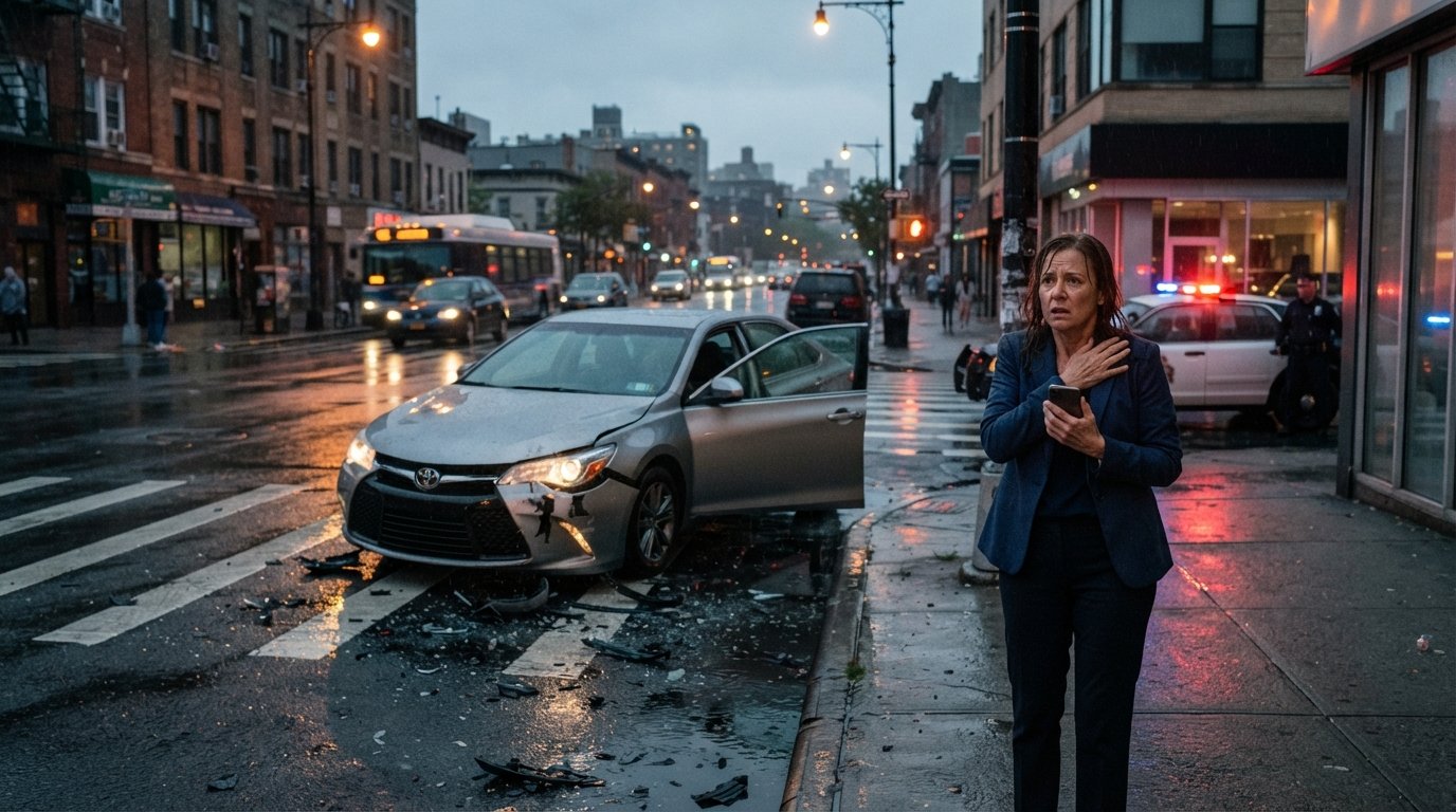 Woman in navy blazer holding phone on wet sidewalk near damaged silver sedan and police cruiser at dusk