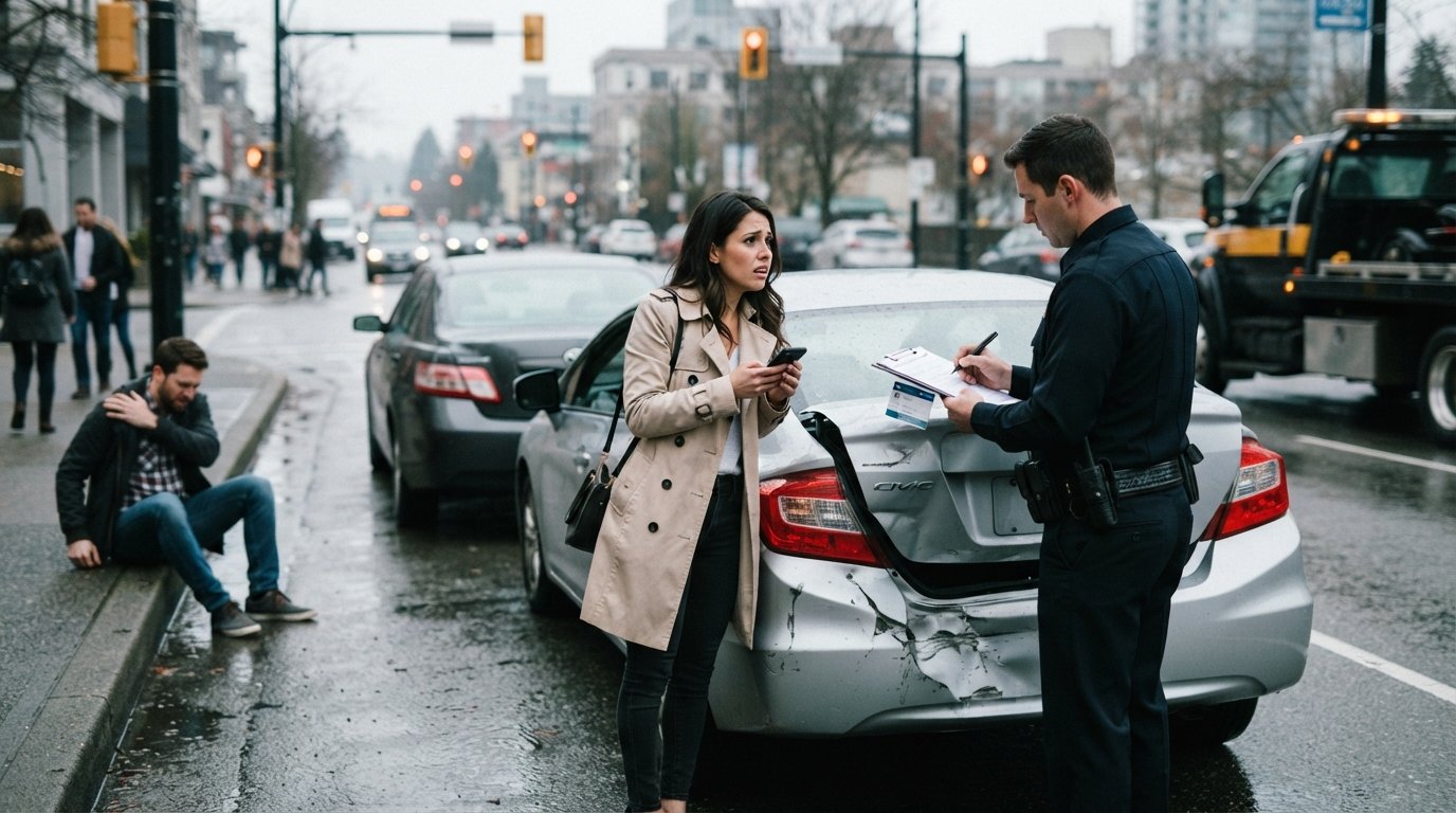 Female driver holding smartphone beside damaged silver sedan as police officer writes report at city intersection