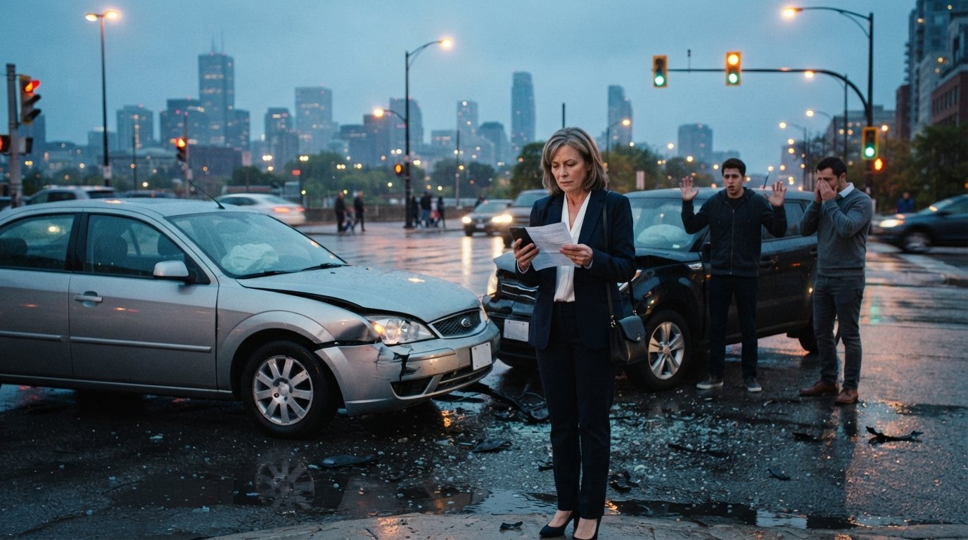 Two drivers at a rain-slicked intersection at dusk, one with a damaged car and deployed airbag, the other shrugging with…
