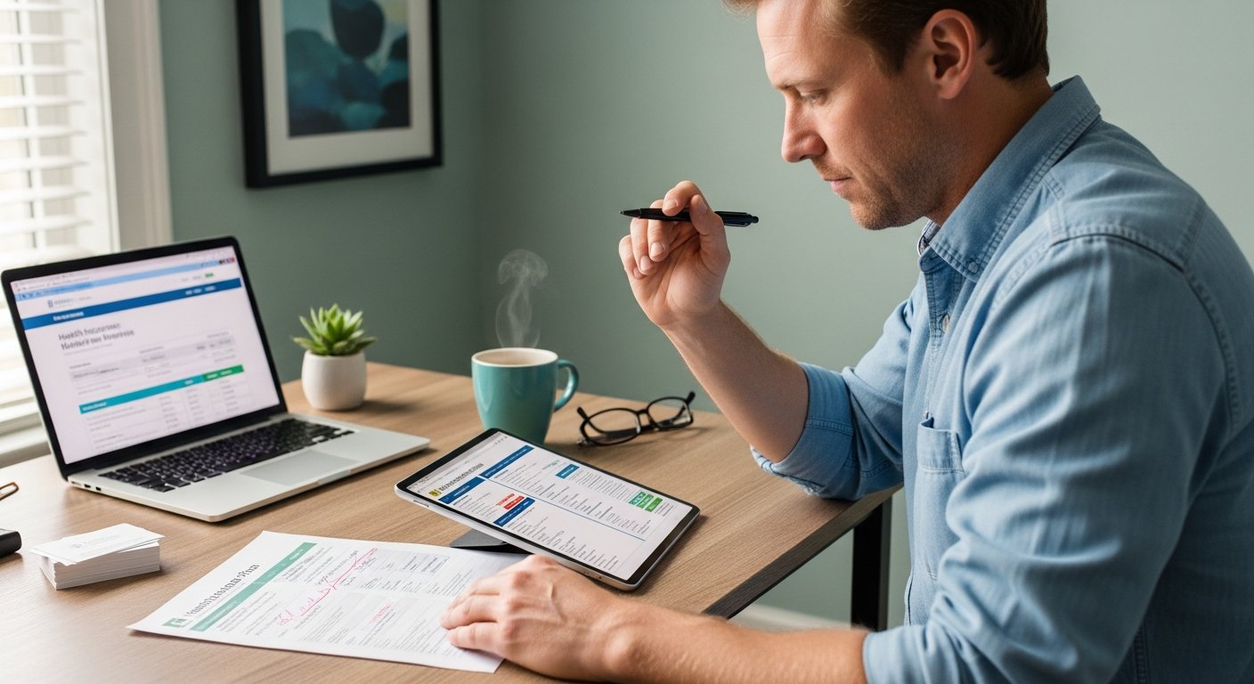 Middle-aged man comparing health insurance plan summaries on a tablet and printed paper at a wooden desk in a home office