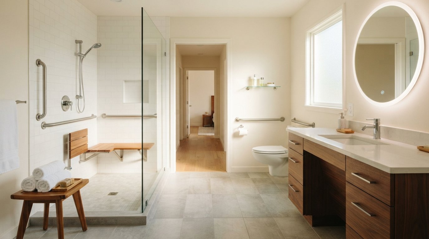 Modern bathroom with curbless walk-in shower, teak bench, stainless steel grab bars on white subway tile, comfort-height…