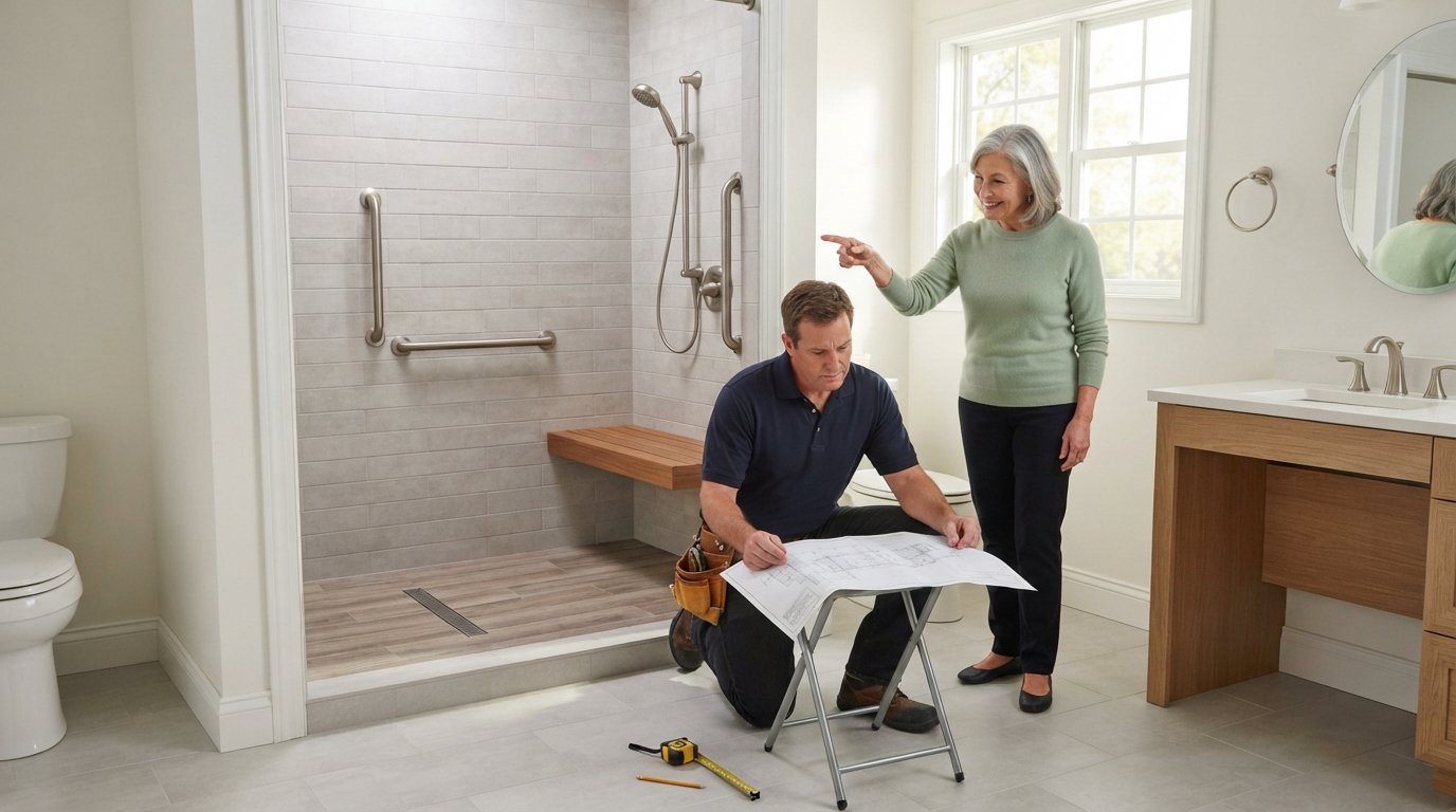 Contractor kneeling on light gray tile with blueprints beside a woman pointing toward a curbless walk-in shower with teak…