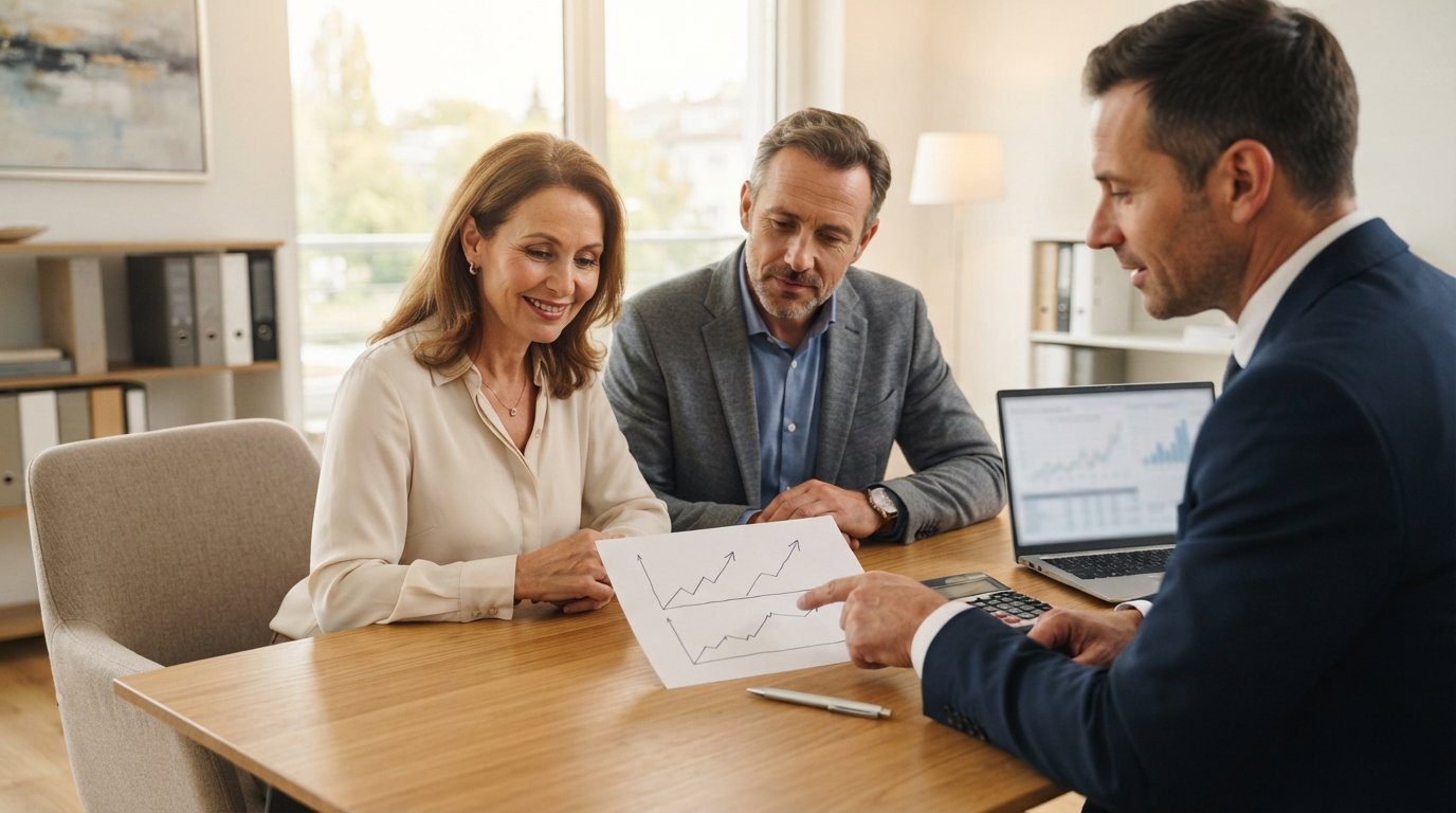 Financial advisor in navy suit points to two rising line graphs on paper while a couple reviews them at an oak desk in a…