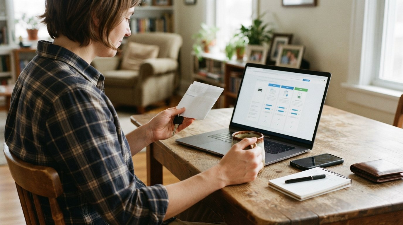 Person at a kitchen table reviewing loan comparison options on a laptop while holding car keys and a folded medical bill