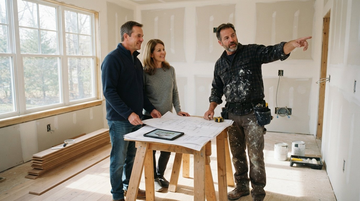 Middle-aged couple and contractor in a flannel shirt review blueprints and a tablet on a sawhorse in a bright room under…