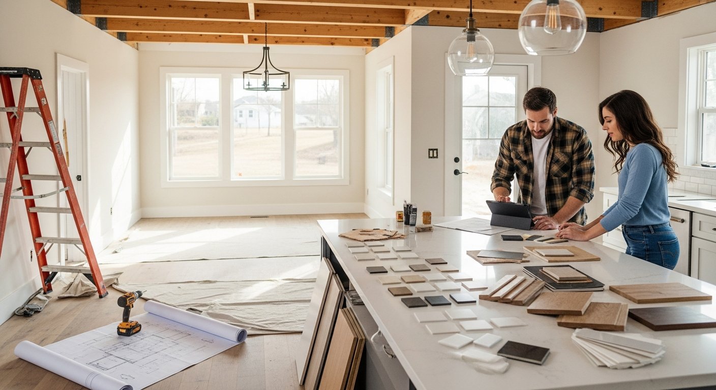 Contractor in plaid shirt and homeowner with tablet stand at kitchen island covered with material samples during renovation