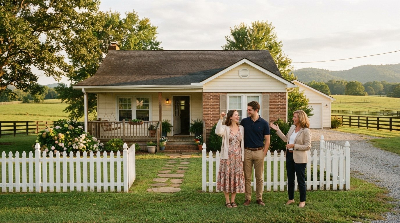 Couple holding house keys on the lawn of a single-story ranch home with a front porch and white picket fence, farmland and…
