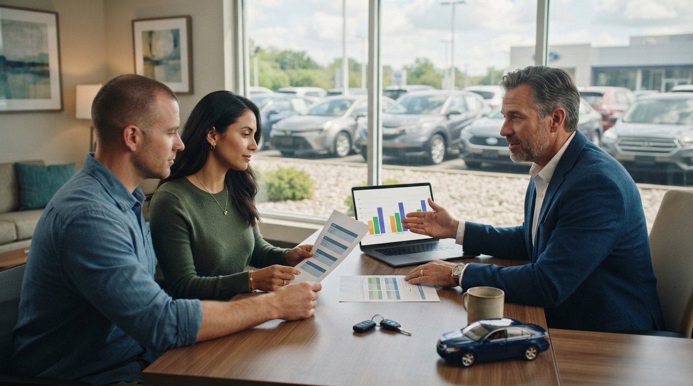 Two car buyers review a printed rate sheet and laptop bar graphs with a loan officer at a dealership desk, with keys and a…
