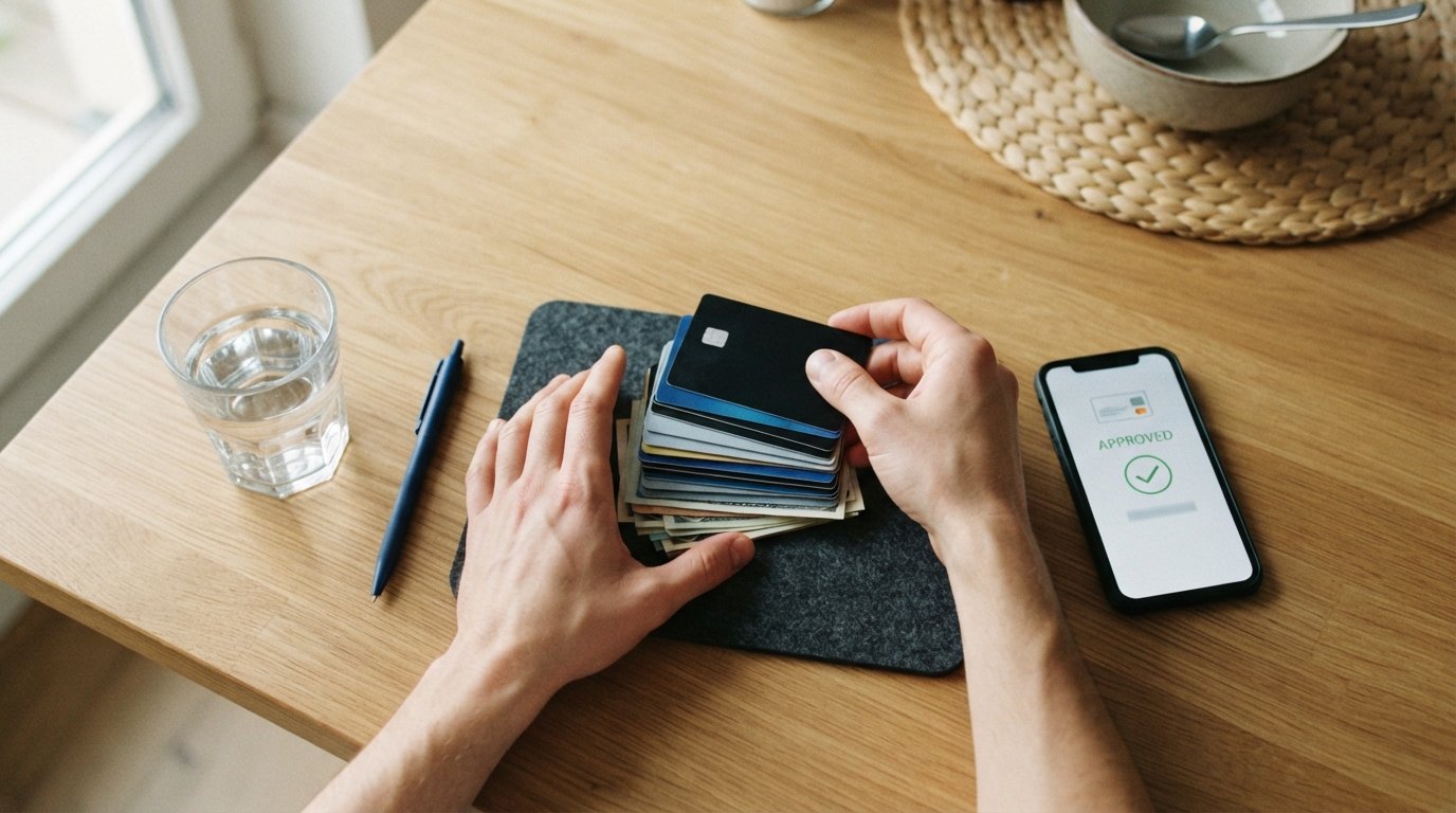 Hands stacking multiple credit cards and paper bills into one neat pile beside a smartphone showing a loan approval screen…