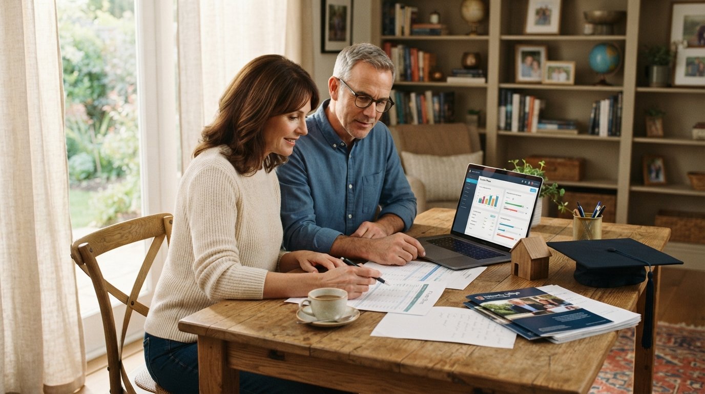 Middle-aged couple reviewing financial documents at a wooden desk with a laptop showing a mortgage calculator, a small…