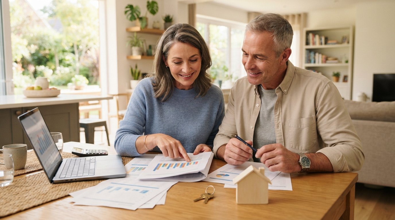 Man and woman in their late 50s review financial documents and a laptop at a sunlit kitchen table with a calculator, house…
