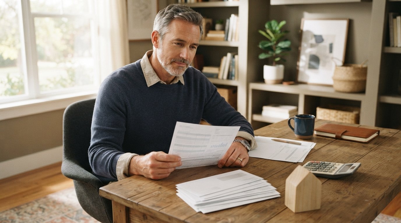 Homeowner at a wooden desk reviewing a loan statement beside a stack of credit card bills, with a calculator and…