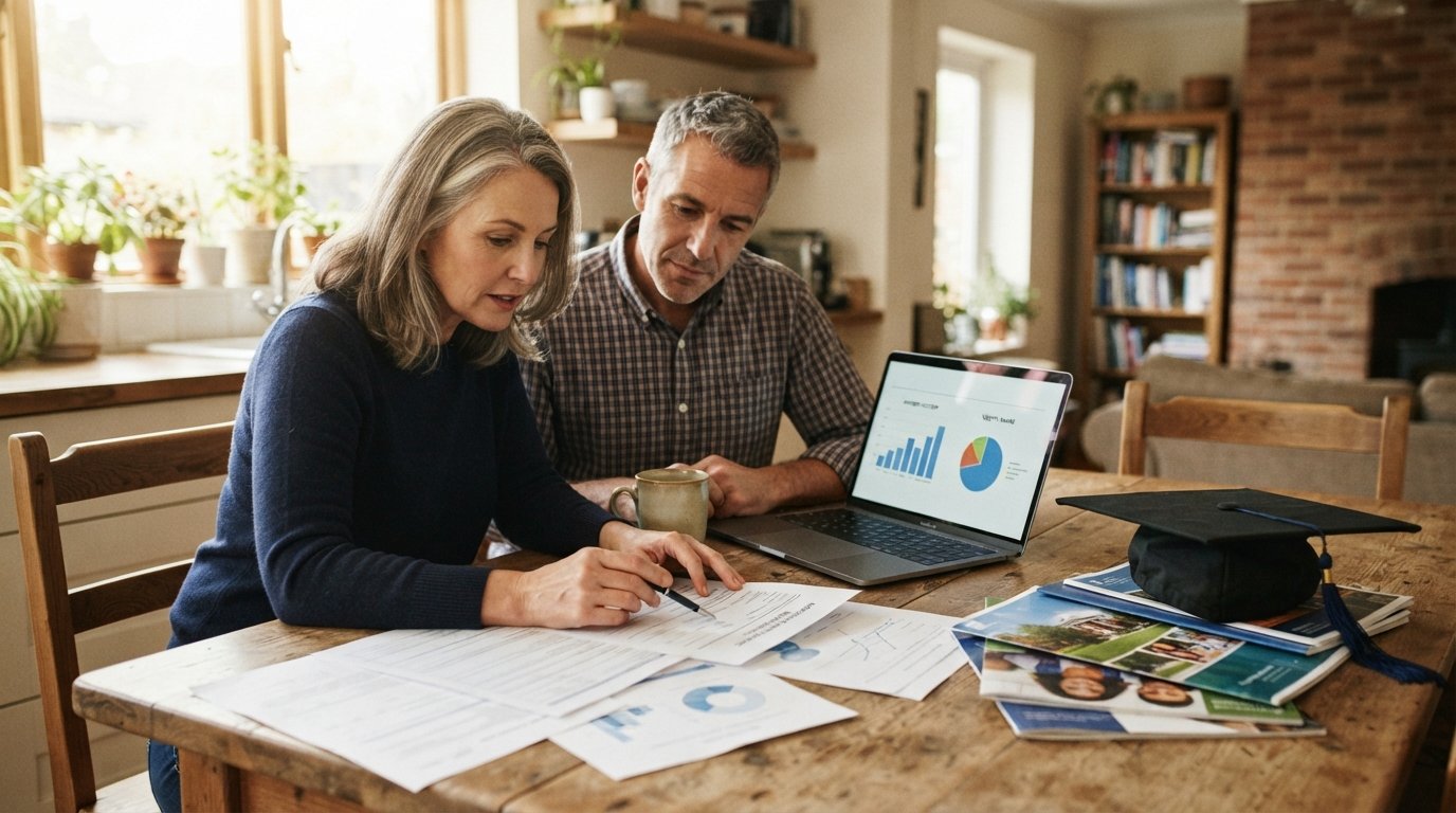Couple in their fifties reviewing mortgage papers and a laptop at a kitchen table with a graduation cap on college brochures