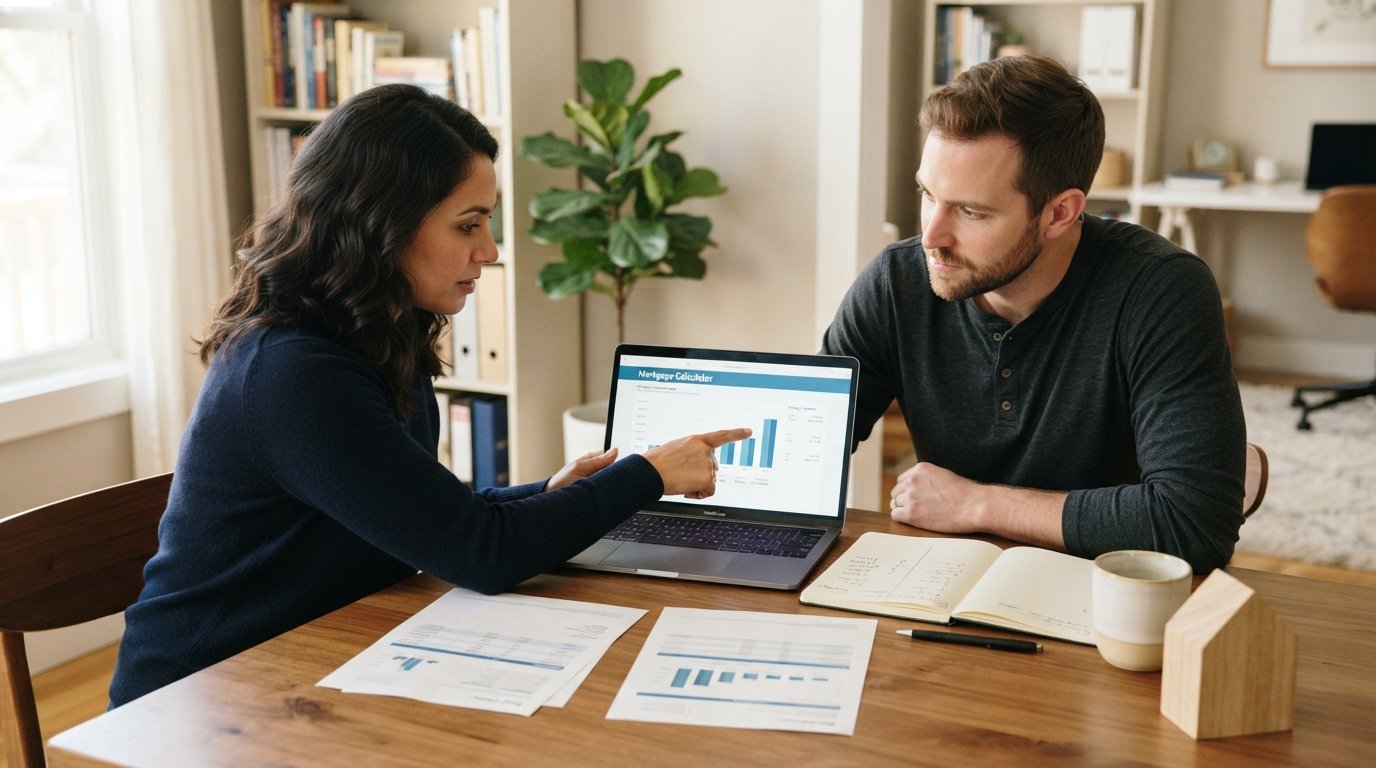 Two people at a wooden table review printed loan offers beside a laptop showing a mortgage calculator with payment figures…
