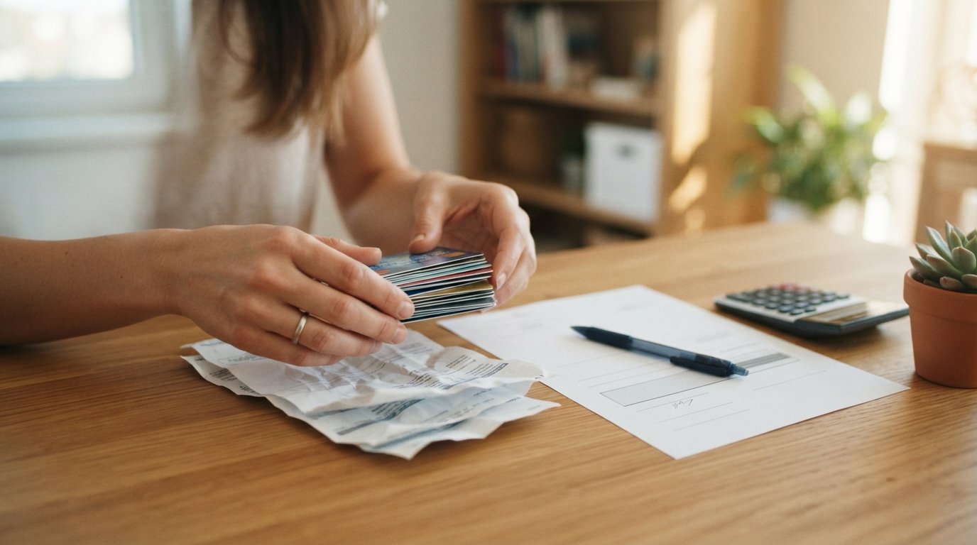 Hands stacking credit cards and bills beside a personal loan document, calculator, and pen on a wooden desk