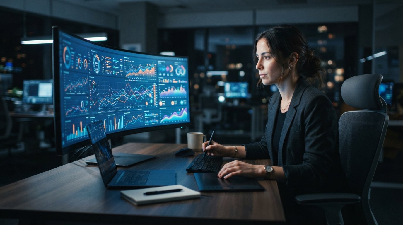 Focused analyst at a desk reviewing colorful real-time data dashboards with line graphs on a large curved monitor in a dim…
