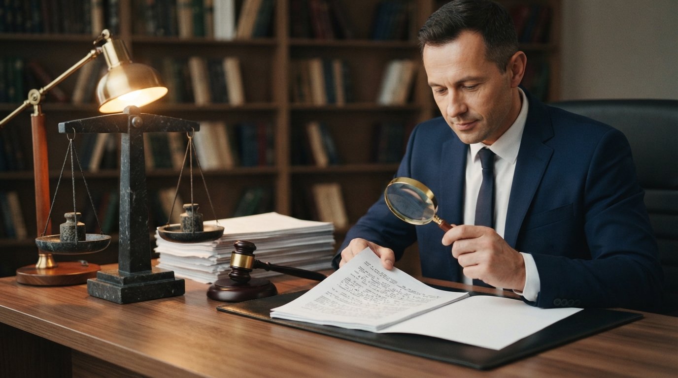 Professional in navy suit examines loan contract with magnifying glass beside a stone balance scale and gavel on a desk