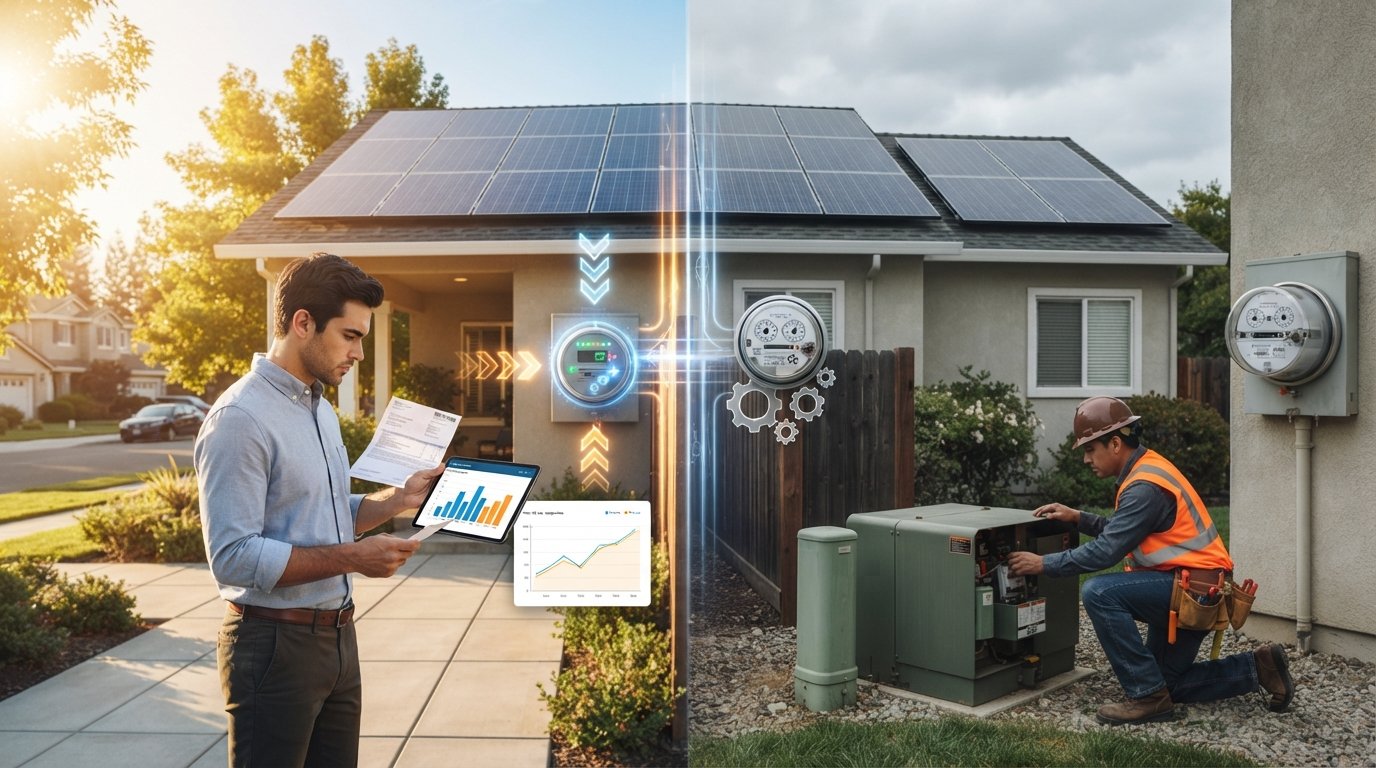 Two suburban homes with rooftop solar panels, one in sunlight with a smart meter showing energy flow arrows and one under…