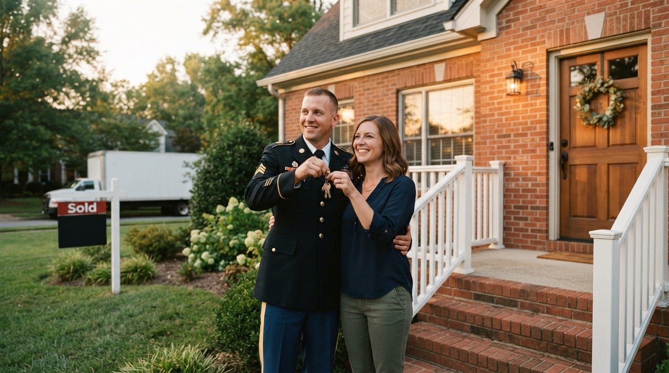Military couple in dress uniform and casual clothes holding house keys on the porch of a brick suburban home at golden…