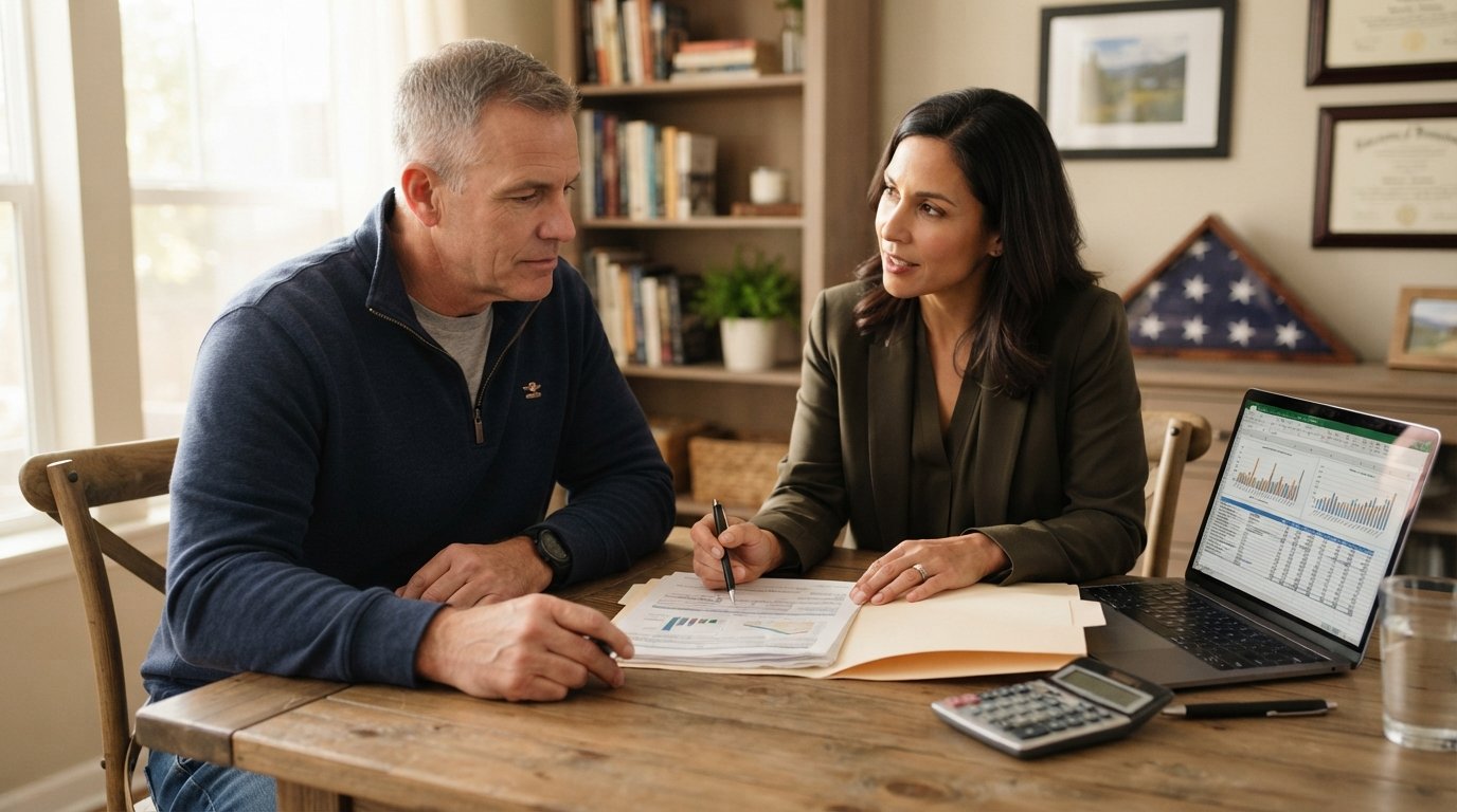 Veteran in casual clothes reviewing mortgage paperwork with an advisor at a kitchen table, calculator and laptop nearby,…