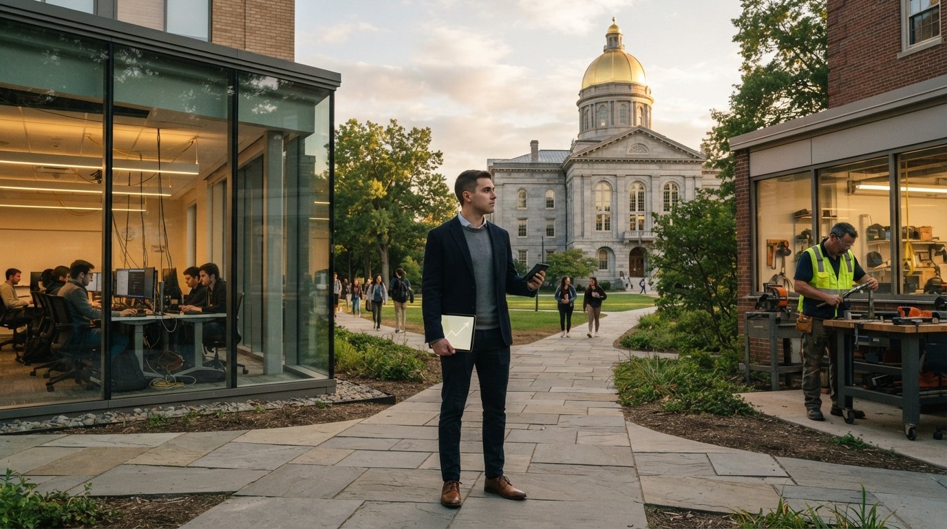 Young professional in business casual attire holding a tablet with an upward chart, standing between a university building…