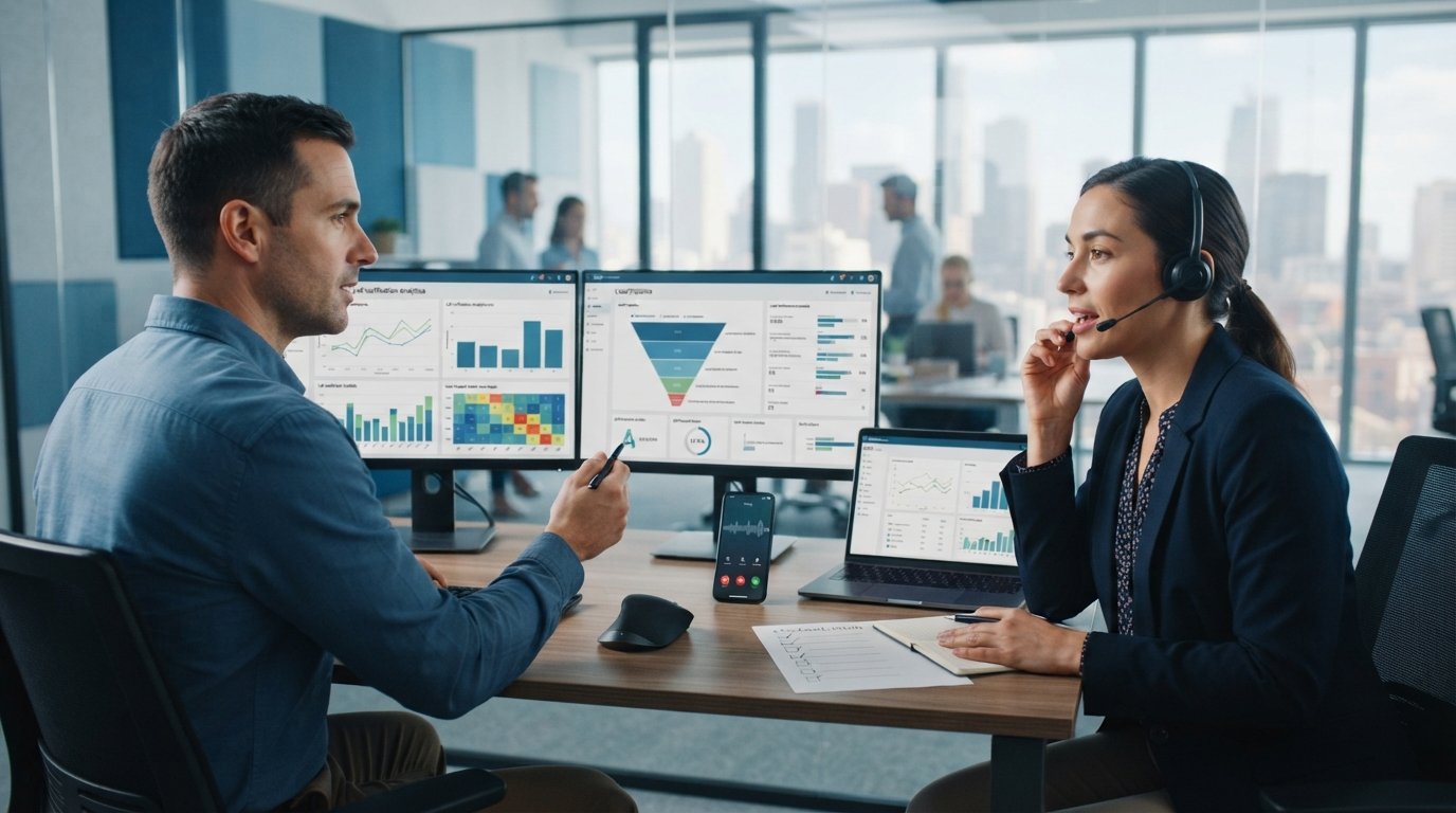 Marketer reviews call verification dashboards on dual monitors as a colleague confirms a prospect by phone