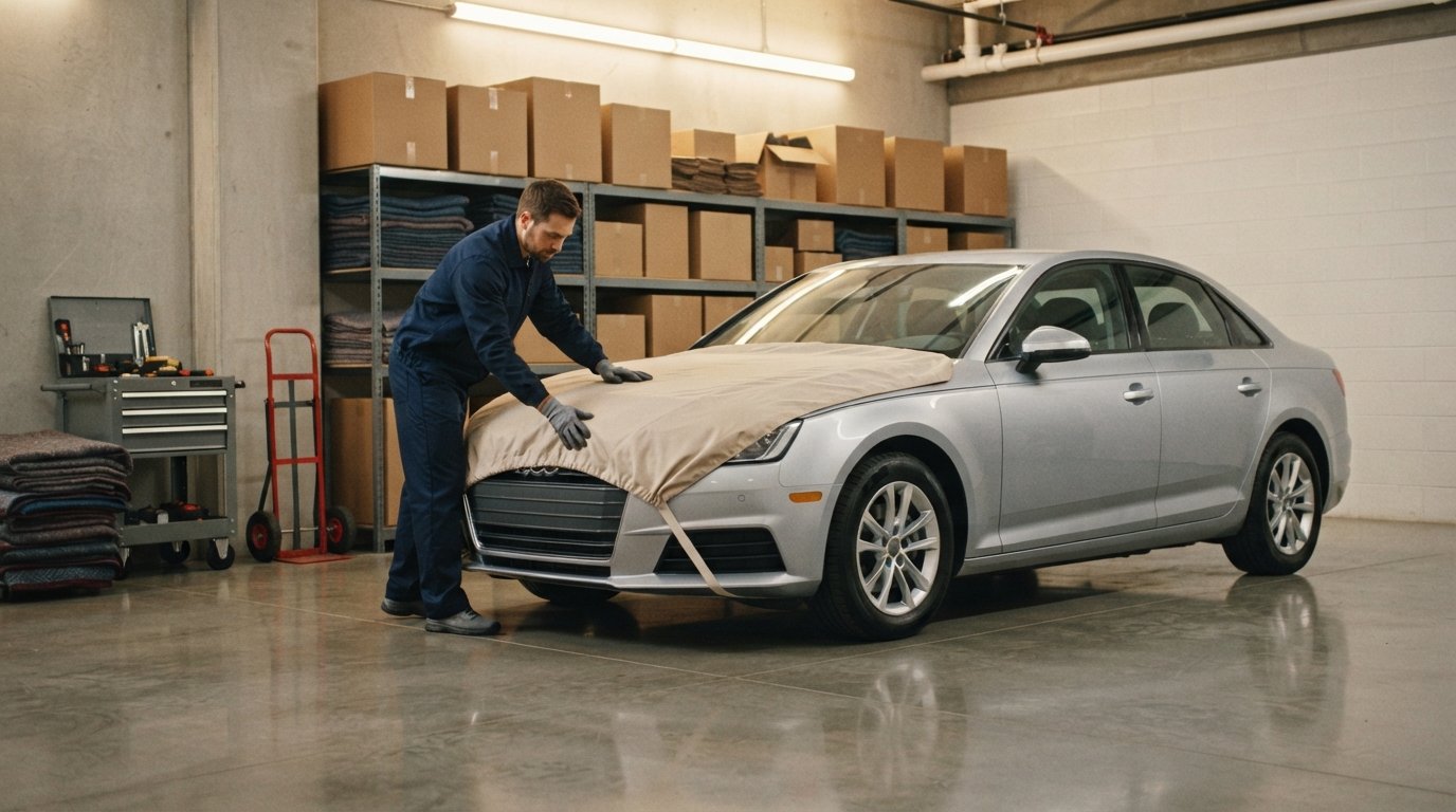 Silver sedan parked in a well-lit climate-controlled storage unit while a mover in a navy uniform fits a soft cover over…